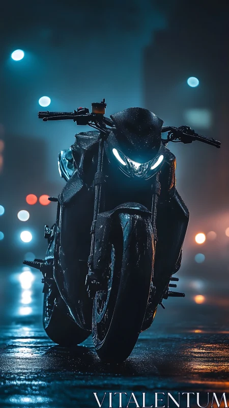 Hydrophobic sportbike in nocturnal bokeh-lit urban rainfall.
