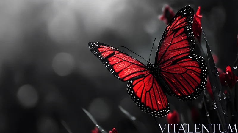 Radiant red butterfly resting softly in a quiet garden.