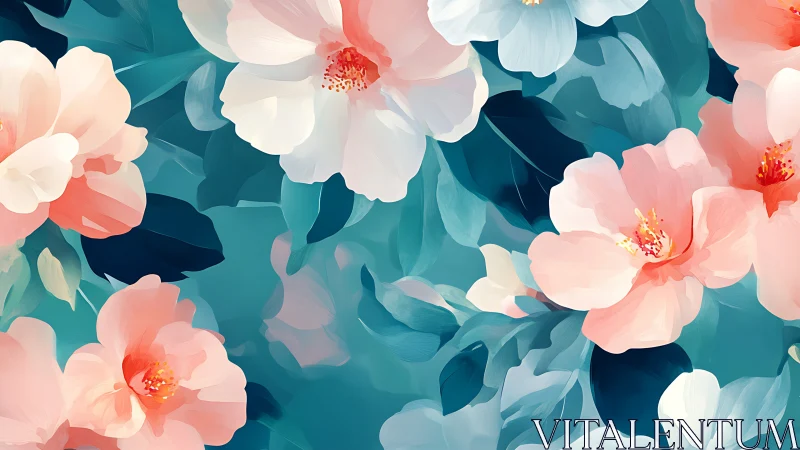 Blooming Floral Composition with Teal and Coral Palette