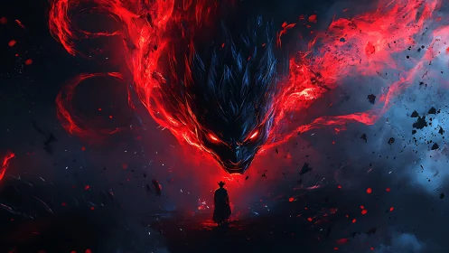 Infernal spectral entity looming above lone cloaked warrior