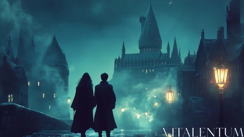 Nocturnal cloaked figures crossing fog dense gothic causeway.