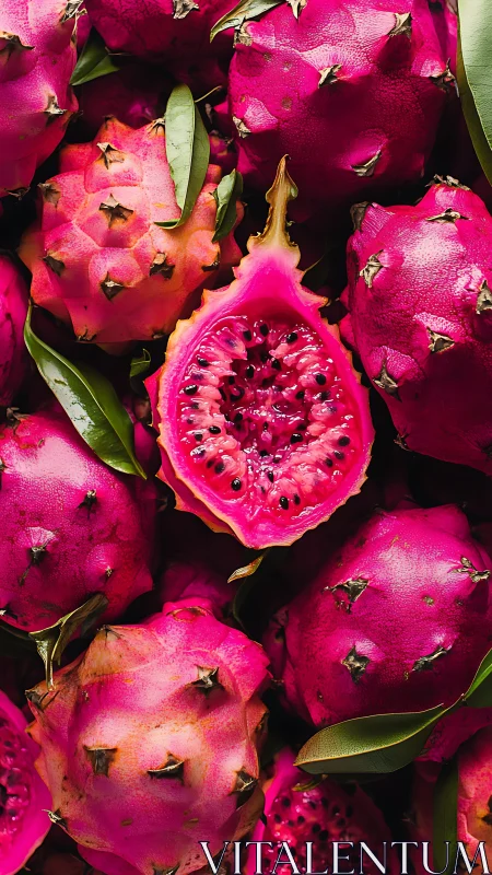 Pink dragon fruit pile with central sliced specimen exposed.