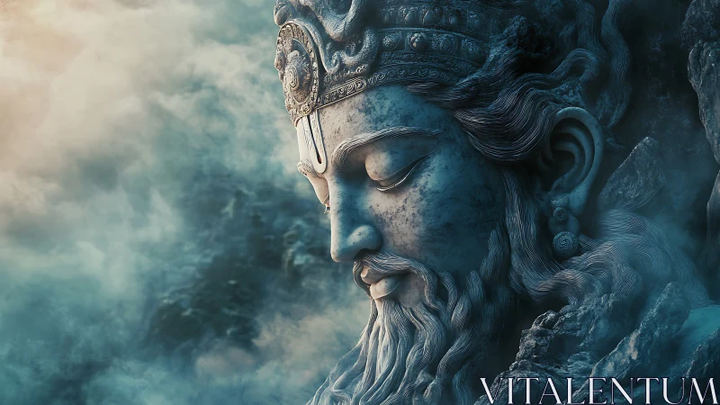 Serene stone deity rests in misty blue mountain silence