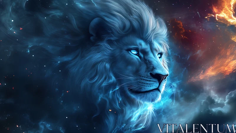 Celestial blue lion profile glows within cosmic nebula