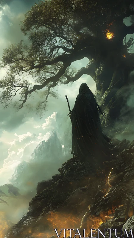 Hooded wanderer before burning world tree on cliff edge.