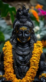 Black stone Shiva statue adorned with vivid yellow marigolds.