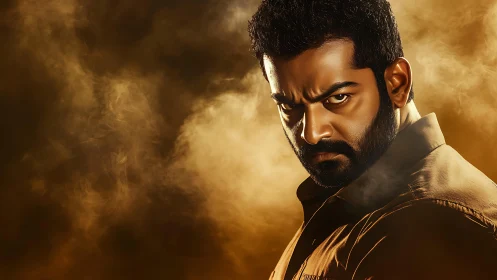 Bearded man in brown shirt against dense golden smoke backdrop.