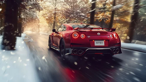 Aerodynamic red sports coupe accelerating through wintry forest.