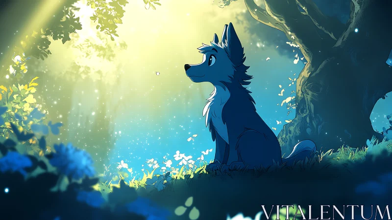 Forest dawn hush with a hopeful blue wolf and drifting light.