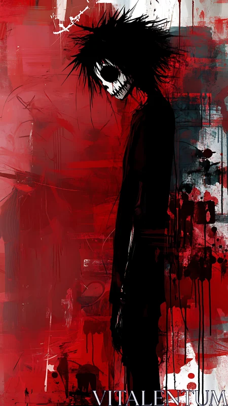 Silhouetted figure with skeletal face stands before red field