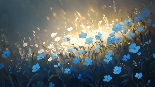 Dreamy Garden of Glowing Blue and White Flowers