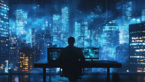 Night coder at desk facing neon blue cyberpunk cityscape.