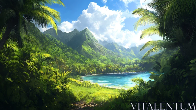 Tropical valley with mountain backdrop and turquoise water