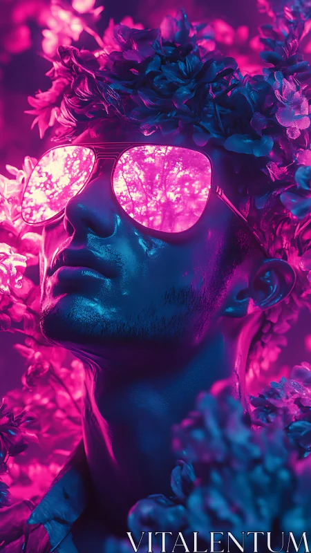 Neon-drenched portrait merges floral dreams with reflective glow