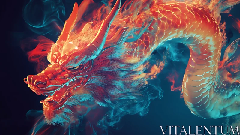 Fiery neon dragon twisting through smoke in darkness.