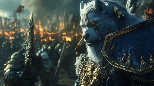 Armored lion warrior surveys burning battlefield in 3D cinematic