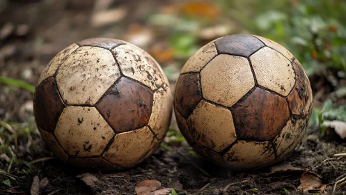 Weathered twin footballs resting in a quiet earthy sideline.