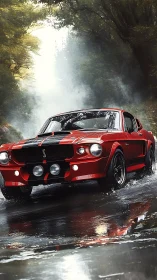 Crimson Shelby muscle car drifting on rain slick forest road.