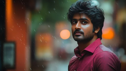 Gentle pause in the rain with city lights behind him.