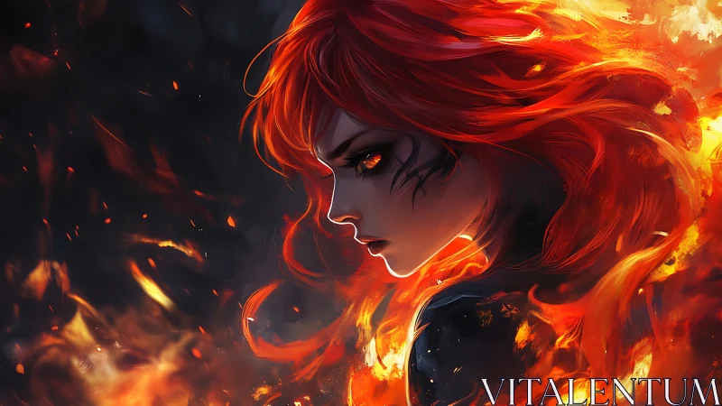 Fiery warrior gazing through embers with fierce quiet grace.