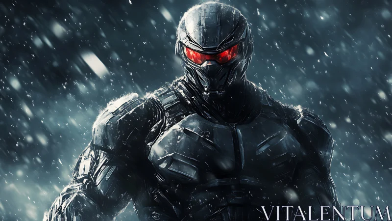 Armored cybernetic soldier stands in storming snowfall