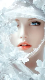 Iridescent portrait unites porcelain skin and icy floral veil