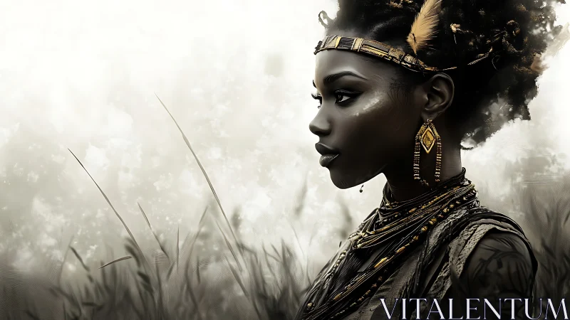 Profile view of adorned woman in stylized natural setting.