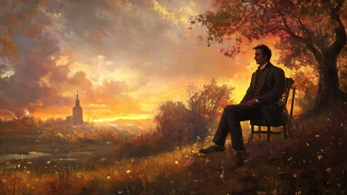 Man sits on hillside at sunset overlooking distant city
