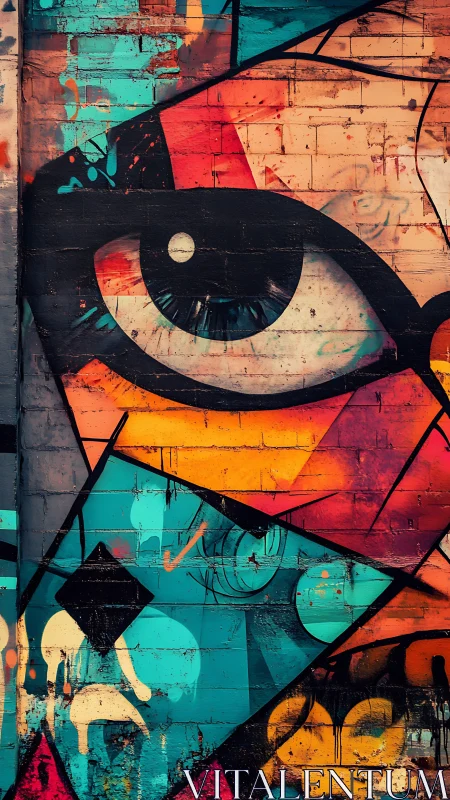 Vivid street mural eye peers from bold geometric color blocks