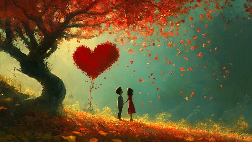 Silhouetted Figures Beneath Crimson Heart Symbol Tree