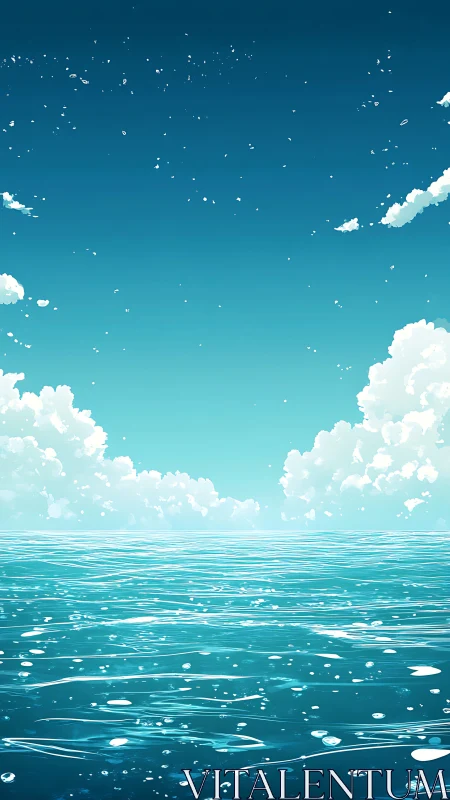 Tranquil turquoise seascape under expansive cloud-framed sky