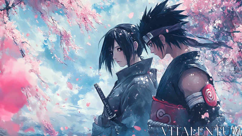 Cherry blossoms cradle two quiet anime warriors in thought