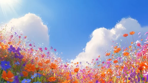 Wildflower Field Blooming Beneath Sunlit Sky.