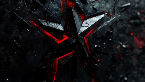 Shattered metallic star emblem with red backlighting and high contrast