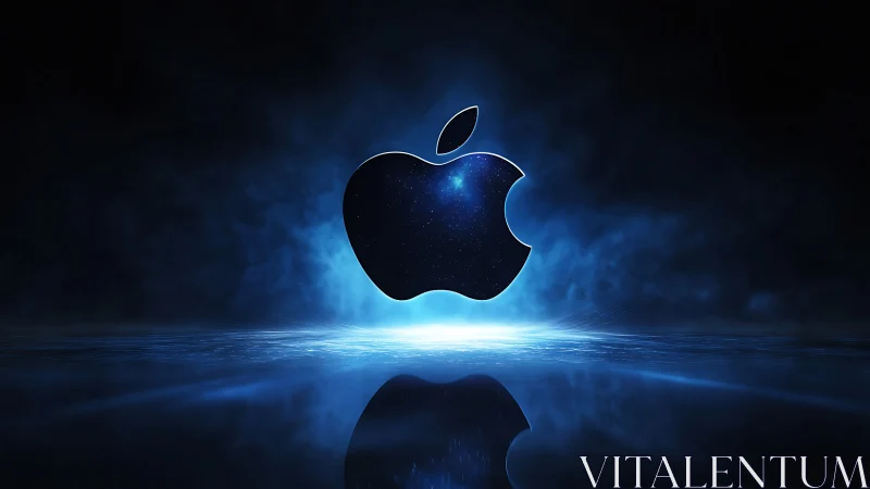 Luminescent cosmic apple emblem with reflective plasma horizon.