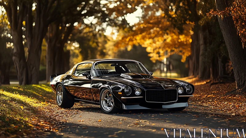 Restored black 1970s Camaro coupe on tree-lined autumn road