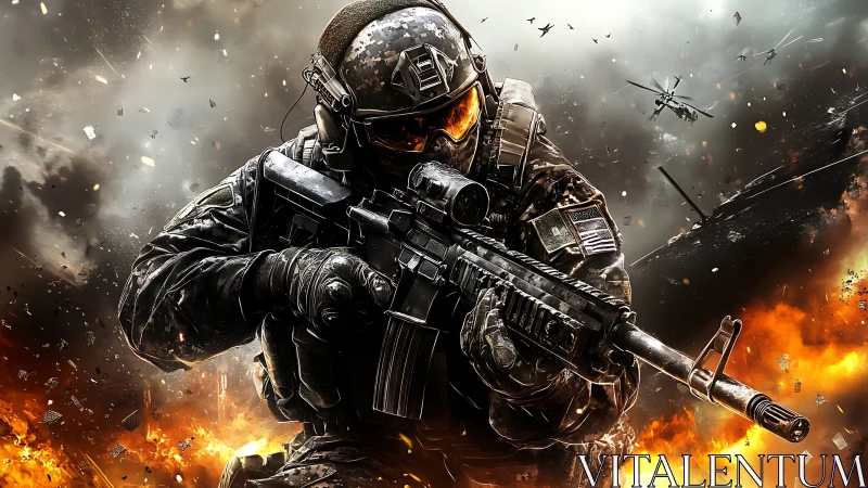 Armored assault trooper amid cinematic urban firestorm.