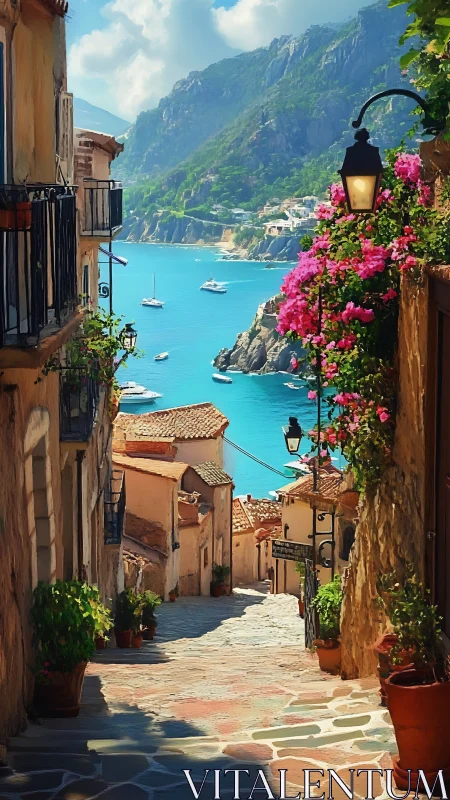 Coastal village alley descending toward bright blue bay.