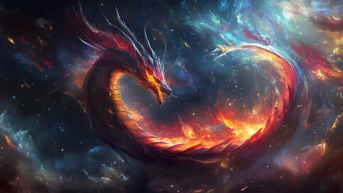 Fiery cosmic dragon forms a glowing ring in deep space