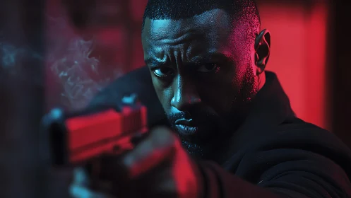 Moody neon showdown with a determined urban protector.