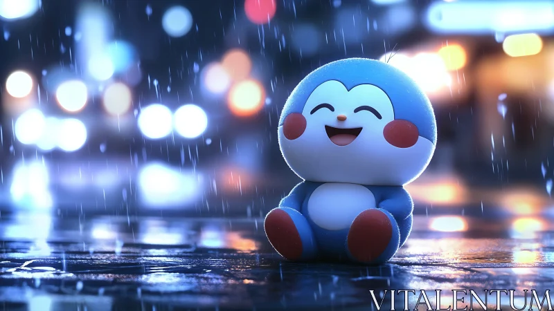 Rainy sidewalk turns into toy penguin’s glowing playground