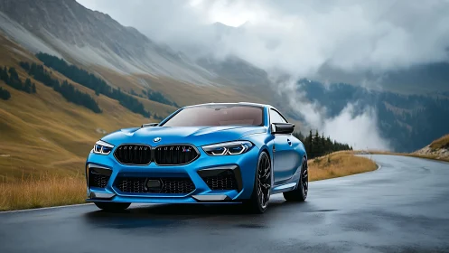 Metallic blue sports coupe on misty alpine mountain road.