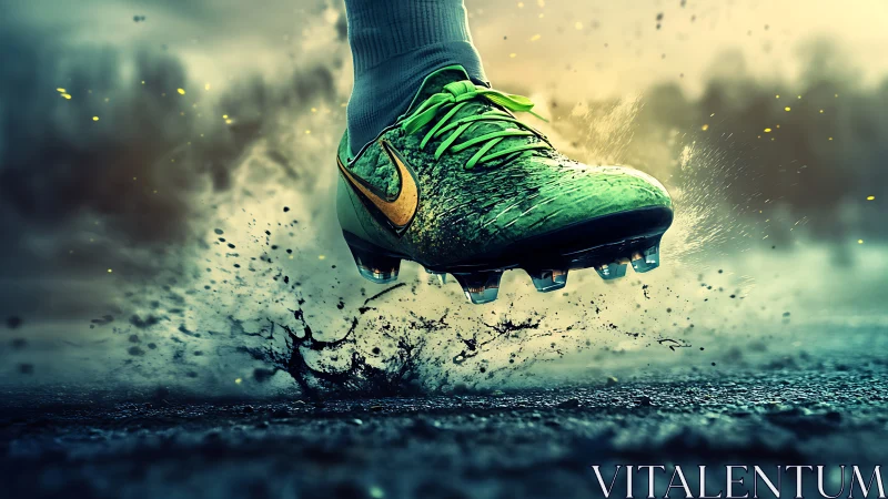 Green soccer cleat strikes wet ground, sending mud flying