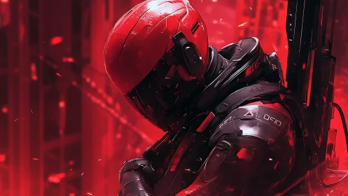 Armored sci fi soldier crouches in red futuristic environment