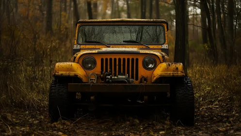 Weathered yellow off-road jeep front view in dense autumn forest