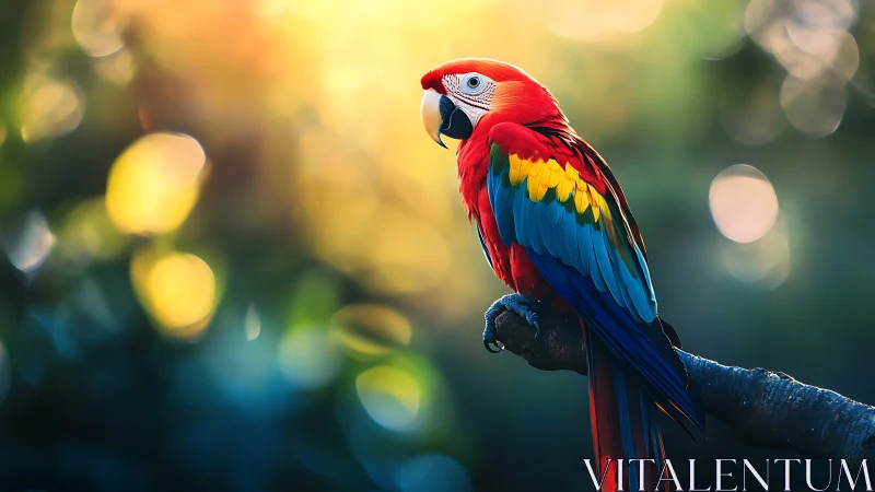 Vibrant scarlet macaw perched on branch in dreamy bokeh light.