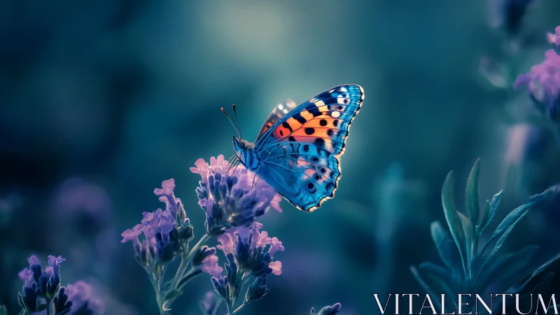 Twilight butterfly poised on dreamy lavender blooms.