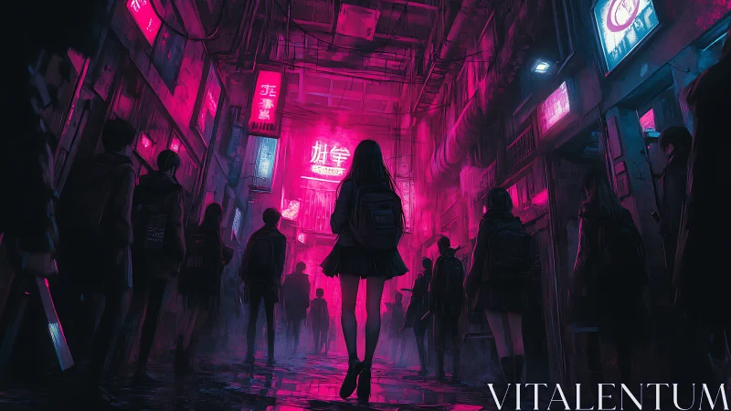 Urban alley crowd under magenta neon signage at night.