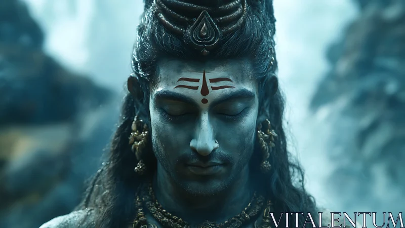 Meditating blue-skinned figure with closed eyes and topknot