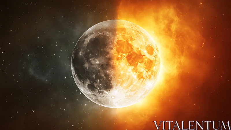 Celestial duet where moonlight meets a blazing solar flare.